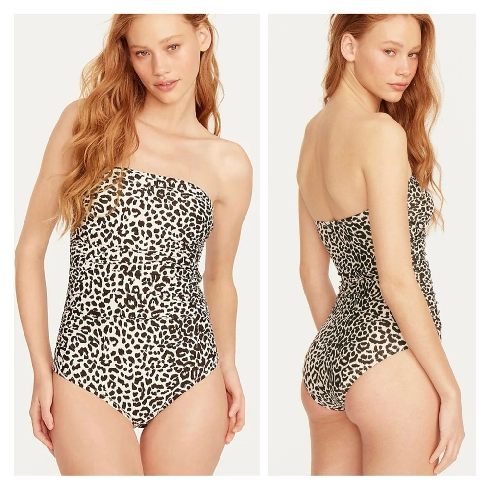 J. Crew Ruched Bandeau One Piece Swimsuit in Taupe Multi Leopard Print